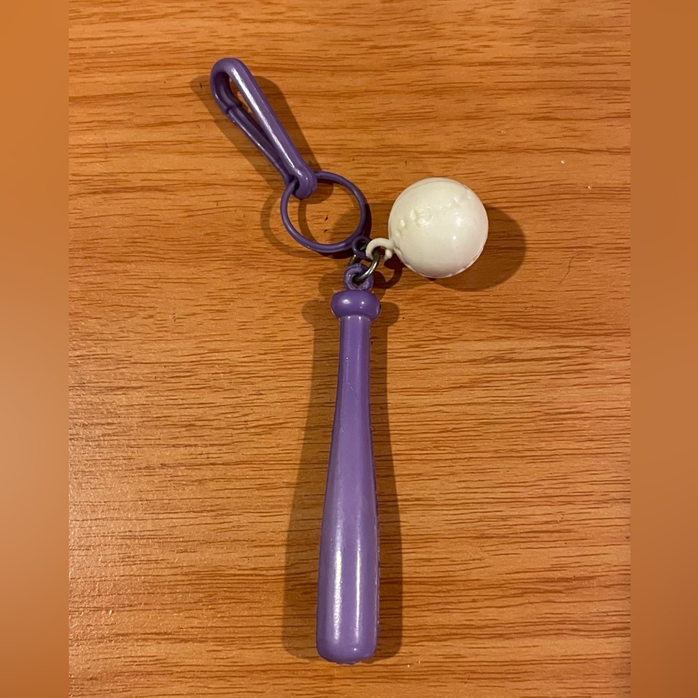 Vintage 1980s Plastic Bell Charm Baseball Bat & Ball 80s Necklace Purple